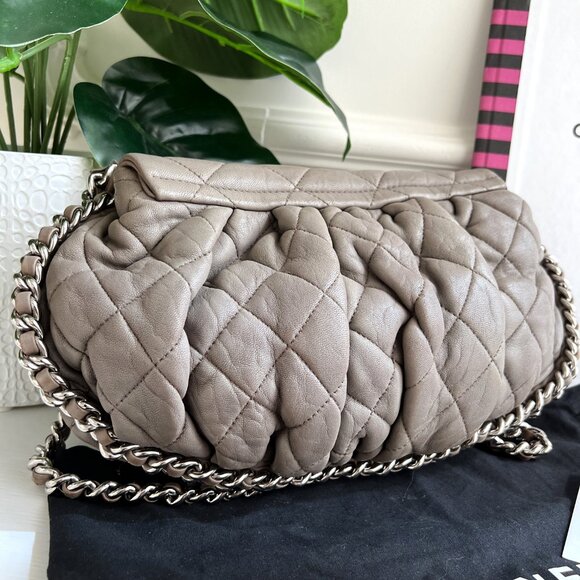 Authentic Chanel Quilted Large Chain Flap Taupe Crossbody Gray-Beige ClutchB0649 - Picture 9 of 16